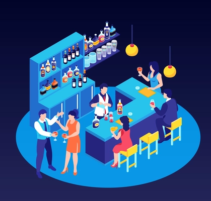 Bar interior scene with visitors enjoying drinks and barman making cocktail isometric composition against dark background 3d vector illustration