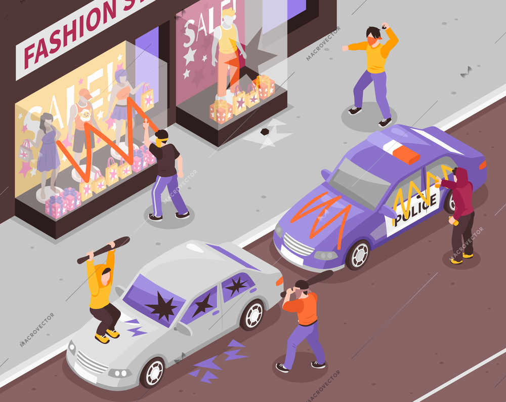 Hooligans vandals with bats and spray paint damaging shop window and cars 3d isometric vector illustration