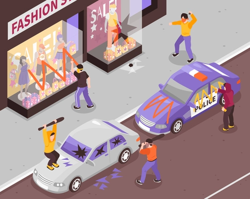 Hooligans vandals with bats and spray paint damaging shop window and cars 3d isometric vector illustration
