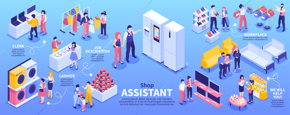 Shop assistant isometric infographics with cashiers and sellers communicating with customers in various stores 3d vector illustration