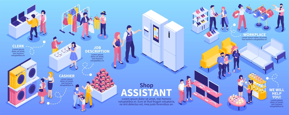 Shop assistant isometric infographics with cashiers and sellers communicating with customers in various stores 3d vector illustration