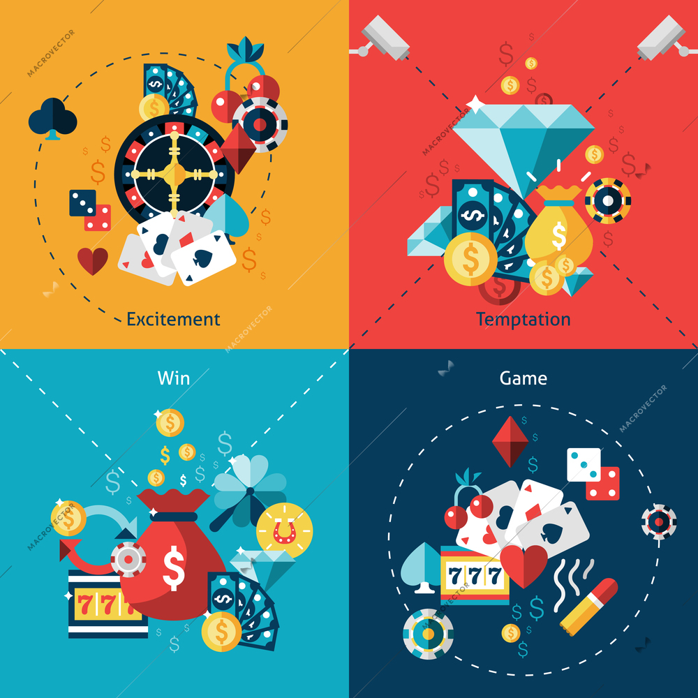 Casino design concept set with excitement temptation win game flat icons isolated vector illustration