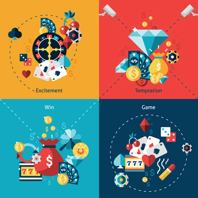 Casino design concept set with excitement temptation win game flat icons isolated vector illustration