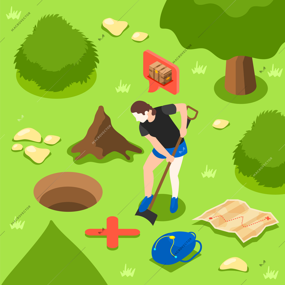 Treasure quest isometric background with outdoor composition of guy digging holes in ground searching for jewels vector illustration
