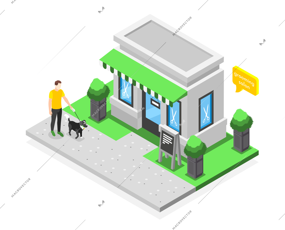 Grooming salon isometric composition with outdoor view of house with storefront thought bubble man and dog vector illustration