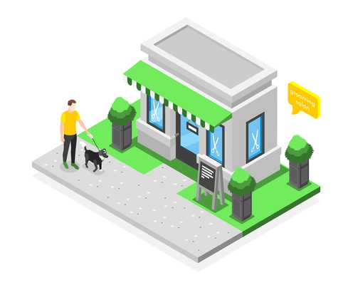 Grooming salon isometric composition with outdoor view of house with storefront thought bubble man and dog vector illustration