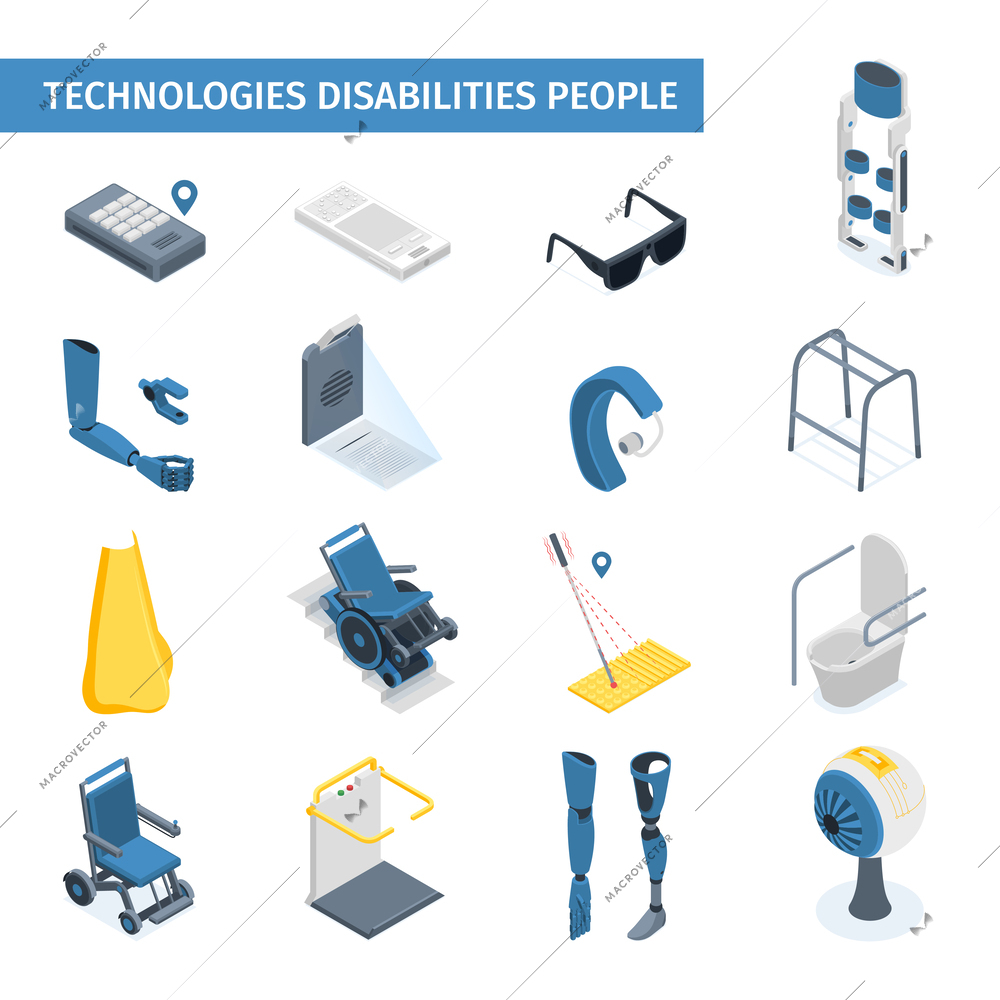 Isometric set of smart technology gadgets and bionic prosthesis for people with disabilities with exoskeleton walkers wheelchair elevator phone for blind isolated vector illustration