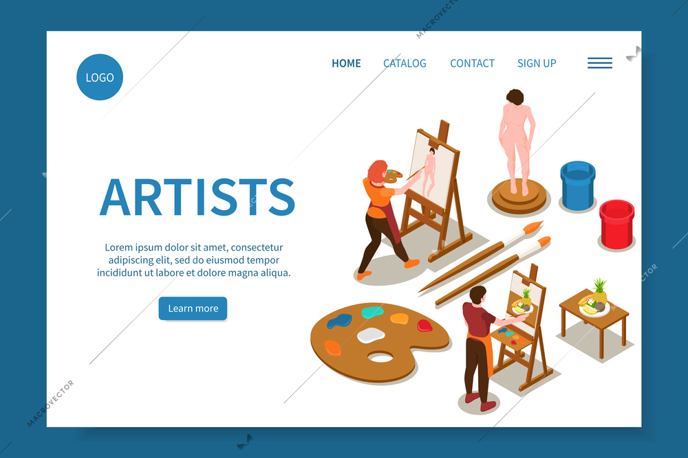 Artists isometric website with painting and sculpture symbols vector illustration