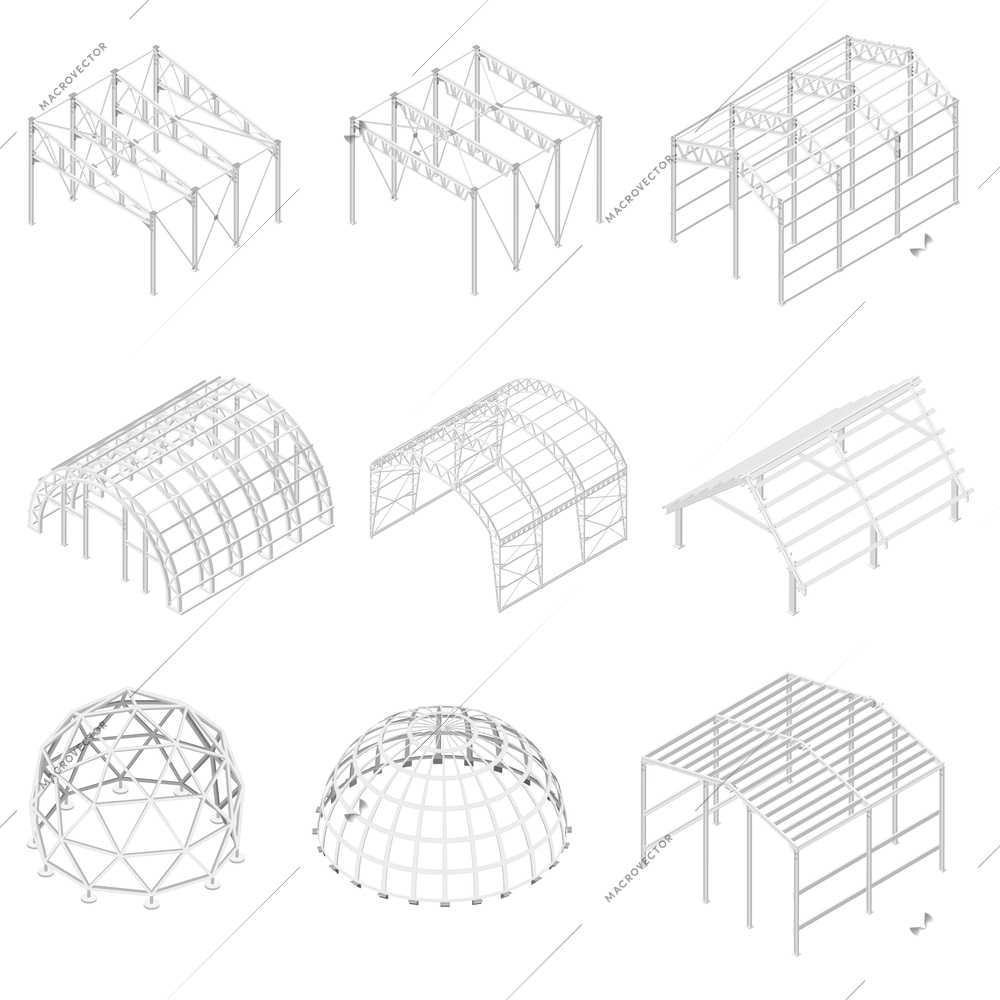 Metal constructions set with industrial buildings symbols isometric isolated vector illustration