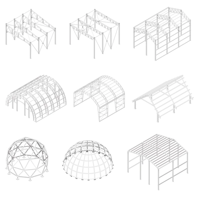 Metal constructions set with industrial buildings symbols isometric isolated vector illustration