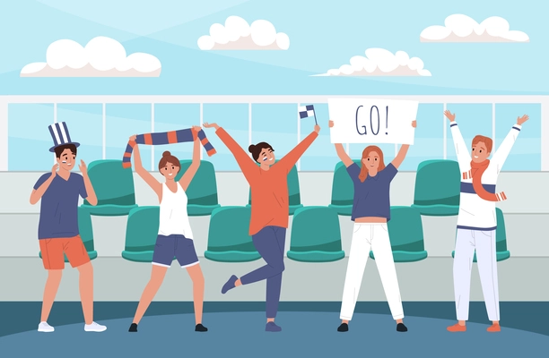 Group of happy sport fans with various attributes supporting team on stadium flat vector illustration