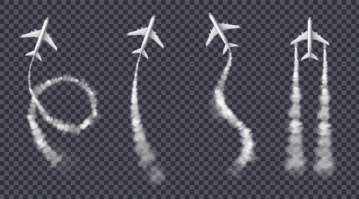 Realistic set of flying airplanes leaving condensation trails in sky isolated against transparent background vector illustration