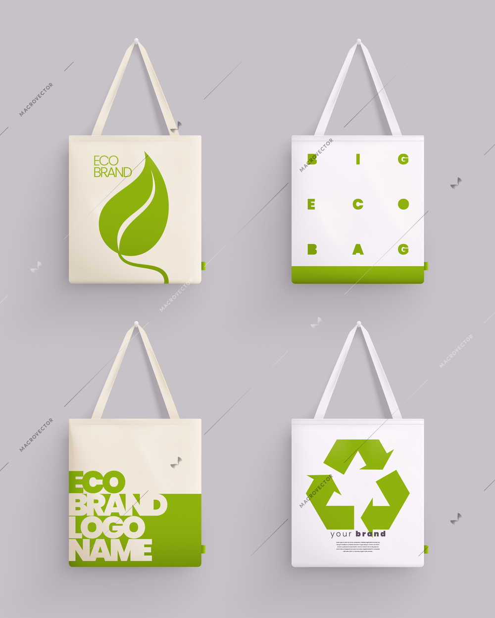 Tote fabric bag mockup realistic set of four isolated images with cloth bags and eco artwork vector illustration