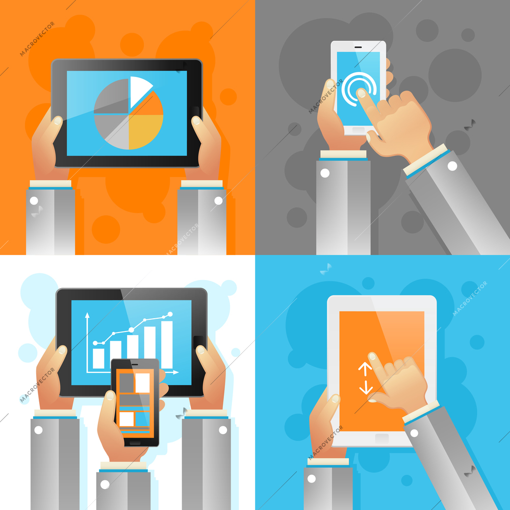 Human hands with mobile devices design concept set isolated vector illustration