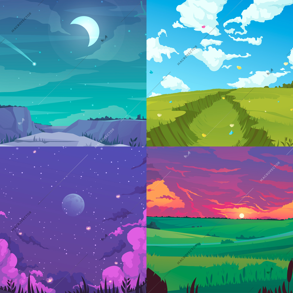 Sky compositions set with day and night symbols flat isolated vector illustration