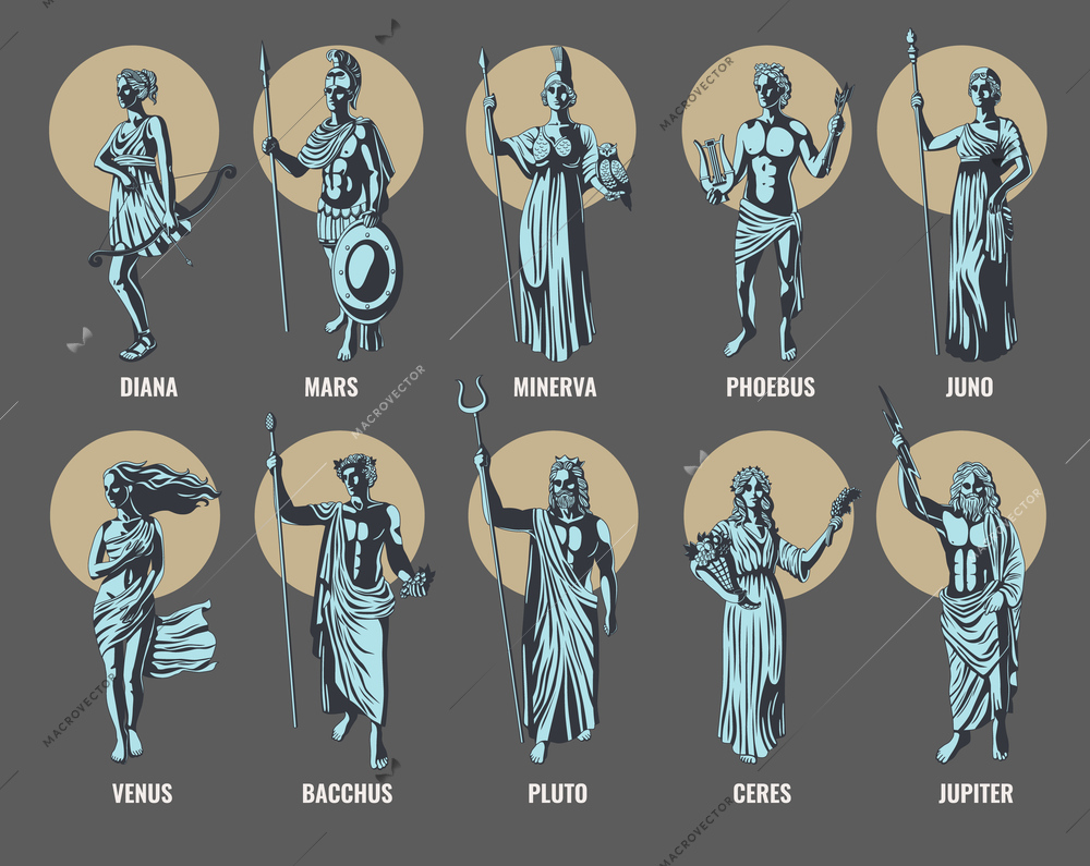 Flat color set of ancient greek olympian gods and goddesses with pluto phobeus ceres minerva venus diana jupiter bacchus juno and mars isolated vector illustration