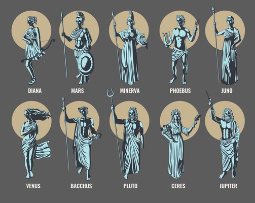 Flat color set of ancient greek olympian gods and goddesses with pluto phobeus ceres minerva venus diana jupiter bacchus juno and mars isolated vector illustration