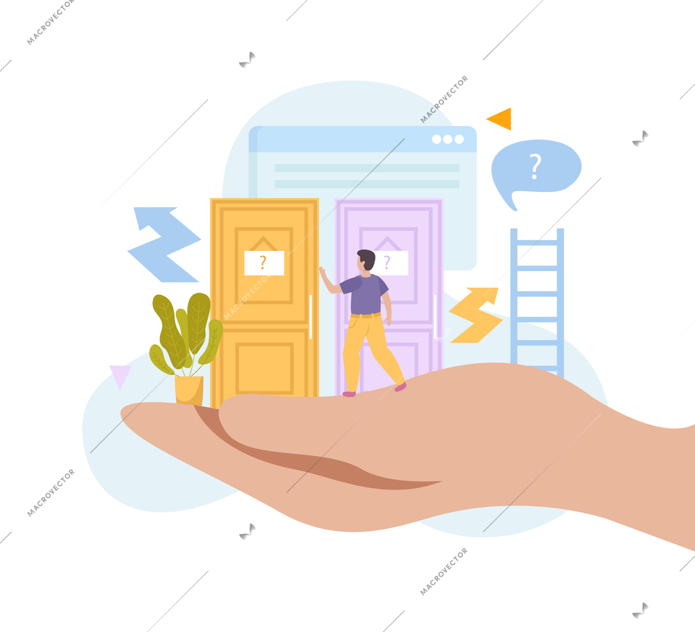 Support for career development flat concept with male person in doubt choosing door of company vector illustration