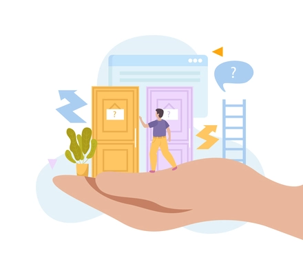 Support for career development flat concept with male person in doubt choosing door of company vector illustration