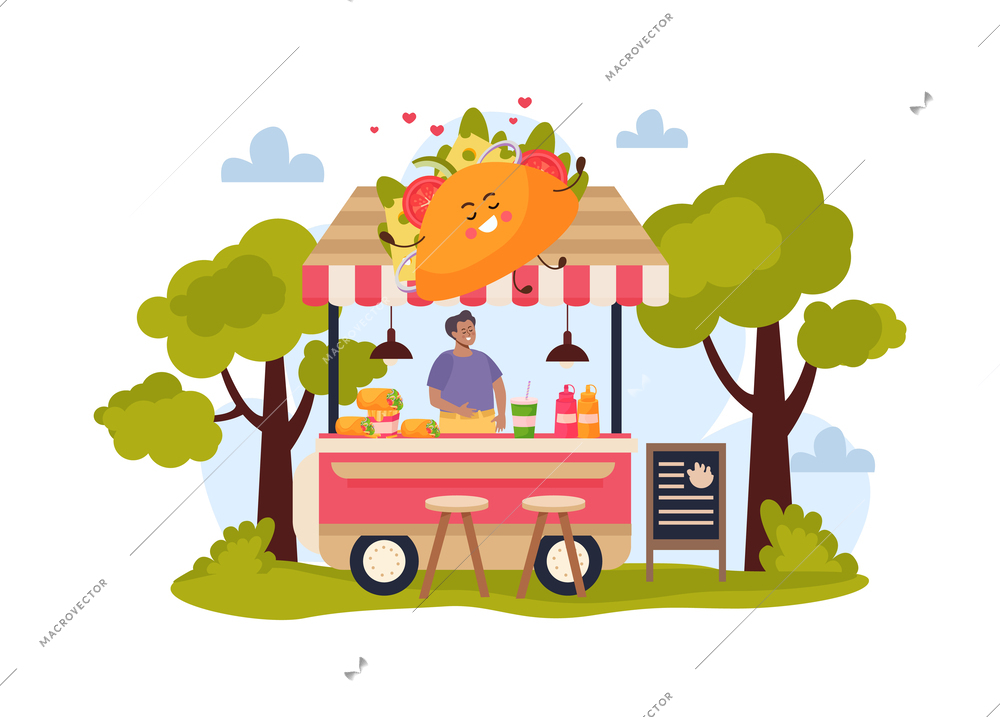 Taco eatery cartoon background with male person standing behind counter and trading fast food outdoor flat vector illustration