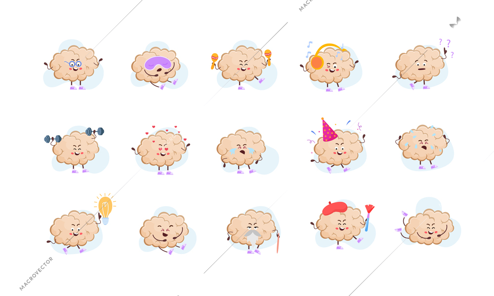 Cartoon brain flat collection of cute joyful characters making sport exercises listening music and different activities isolated vector illustration