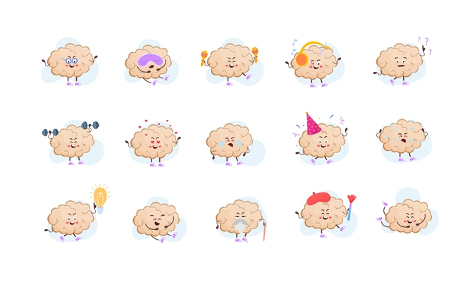 Cartoon brain flat collection of cute joyful characters making sport exercises listening music and different activities isolated vector illustration