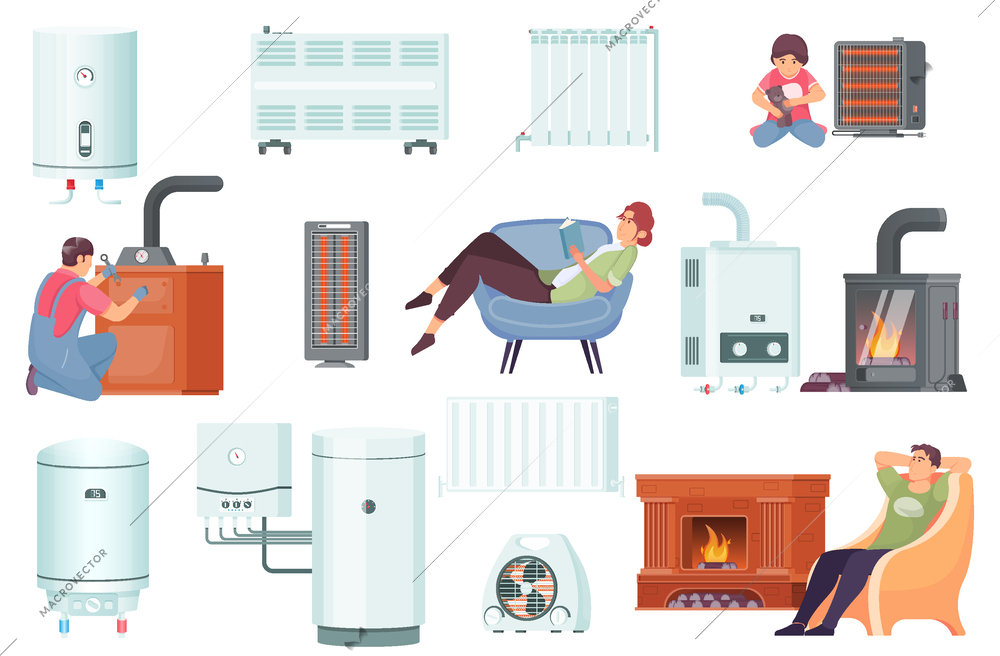 Heating system set with maintenance symbols flat isolated vector illustration