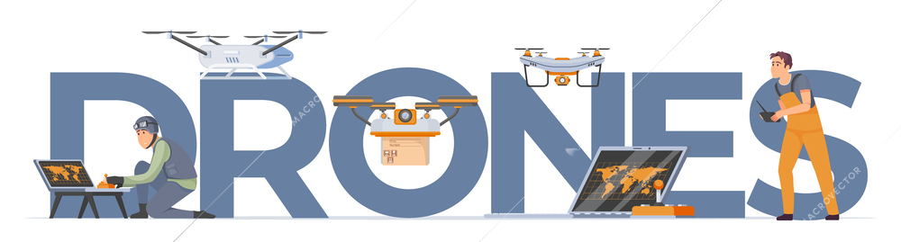 Drones concept with unmanned aerial vehicles symbols flat vector illustration