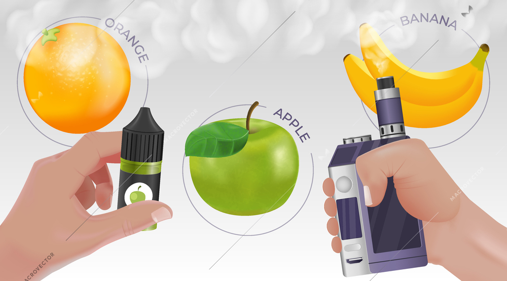 Vape realistic composition with orange and apple electronic cigarettes symbols vector illustration