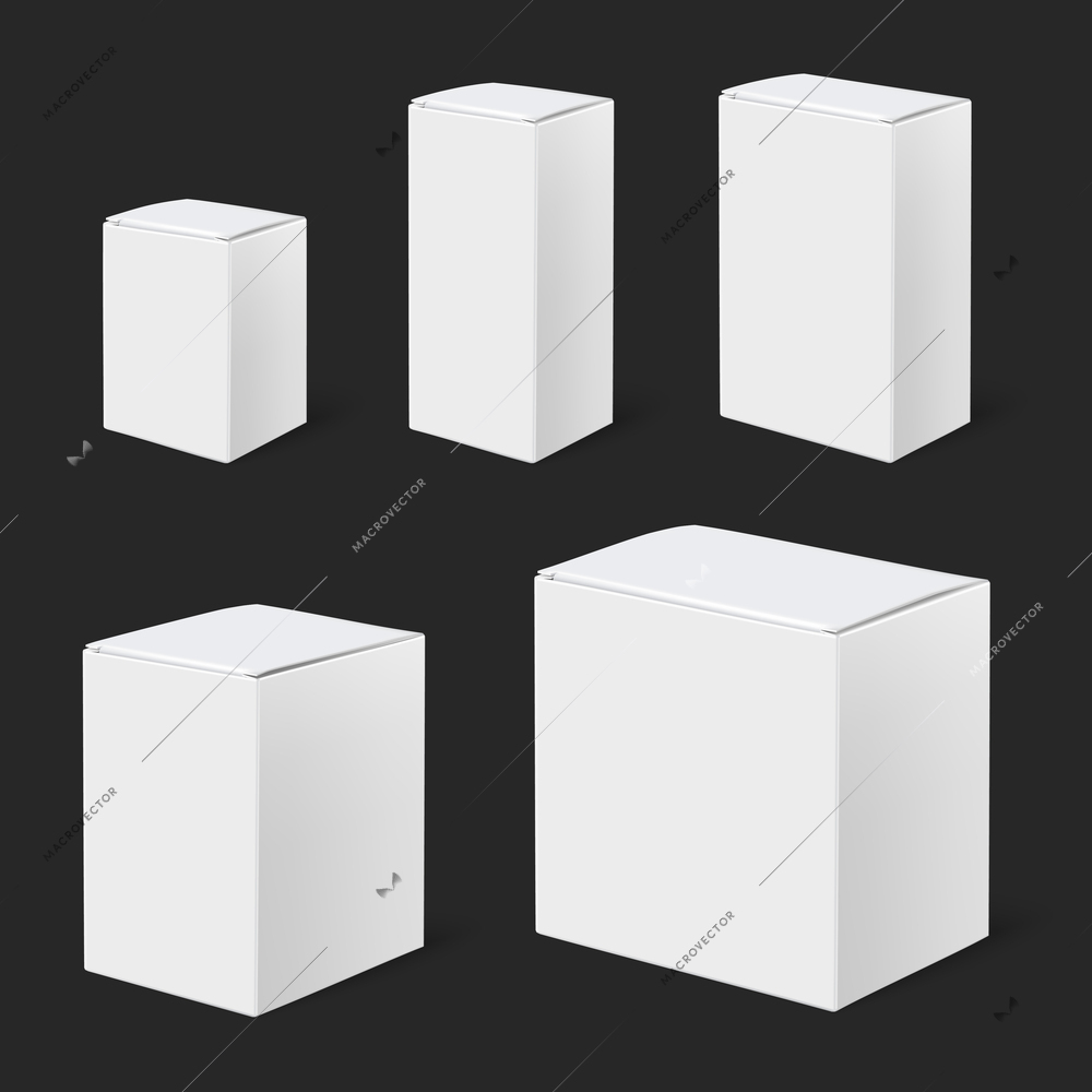 Realistic box mockup set with isolated images of white boxes of different size on black background vector illustration