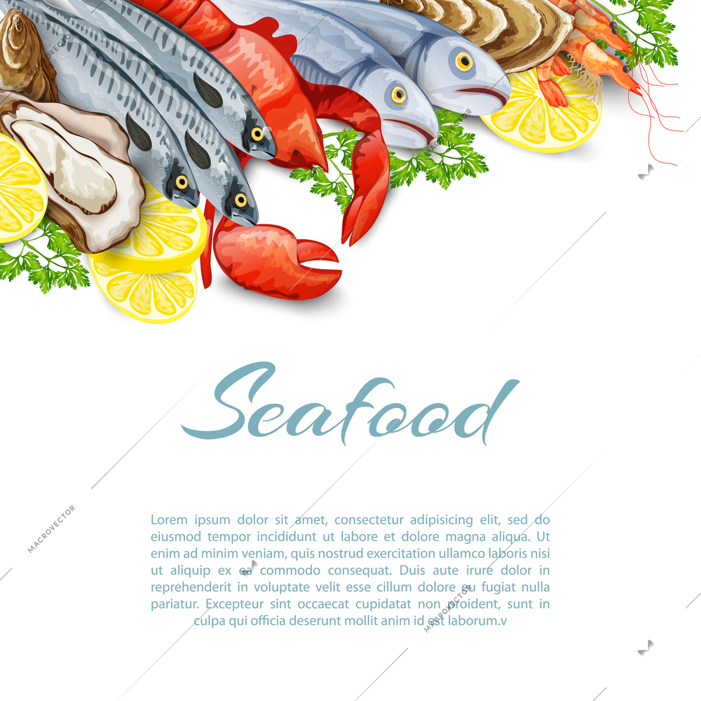 Seafood products background with salmon shrimp crab shellfish mollusk vector illustration