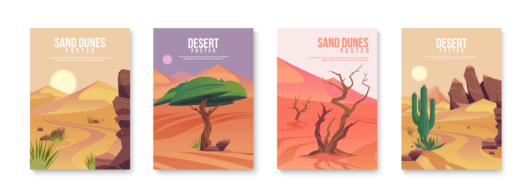 Desert posters set with four isolated vertical backgrounds with text and wild landscape compositions wasteland scenes vector illustration