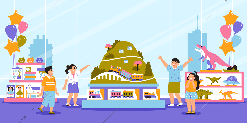 Excited children looking at stand with train at toy shop flat vector illustration