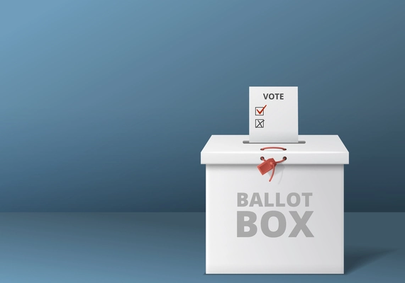 Elections voting realistic composition with view of locked cardboard box with inserted ballot paper with mark vector illustration