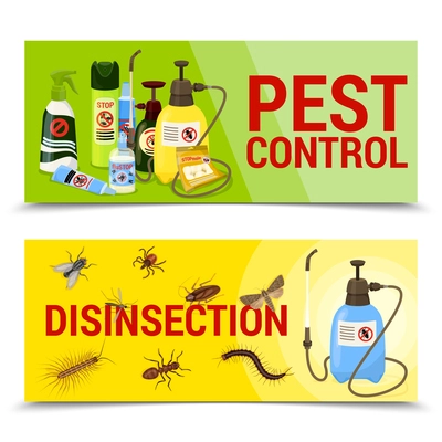 Two harmful insects cartoon horizontal banner set with pest control and disinsection headlines vector illustration