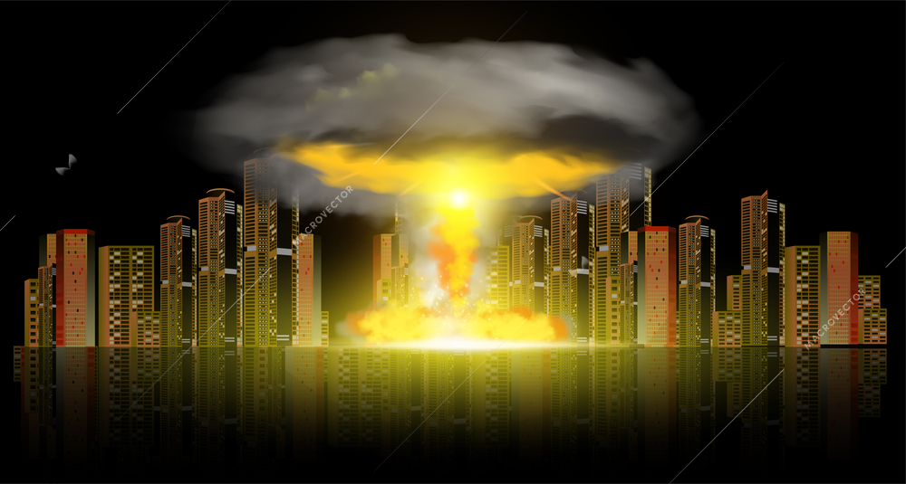 Powerful nuclear bomb explosion dropped on city realistic composition with skyscrapers on black background vector illustration