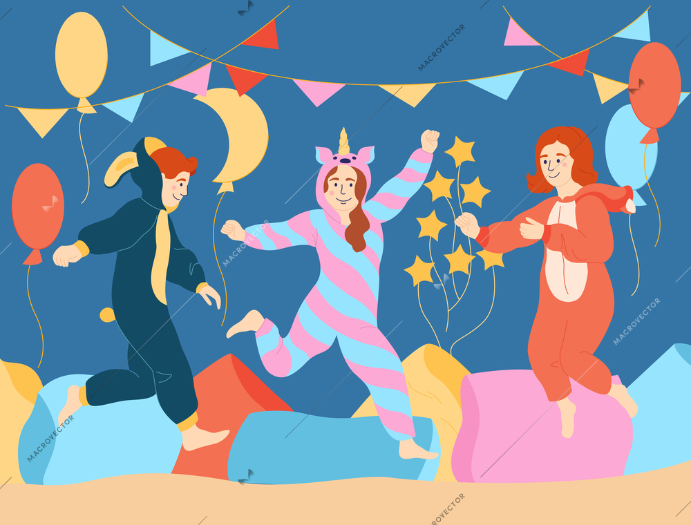 Pajama party flat concept with happy kids jumping in kigurumi suits vector illustration