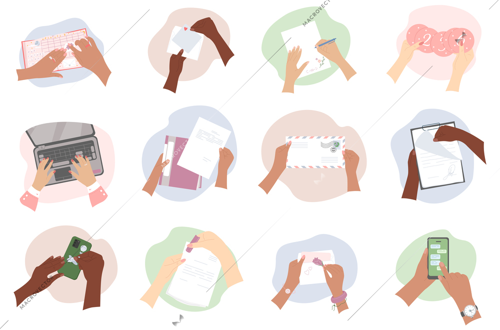 Hands flat icons set with human palms holding different objects isolated vector illustration
