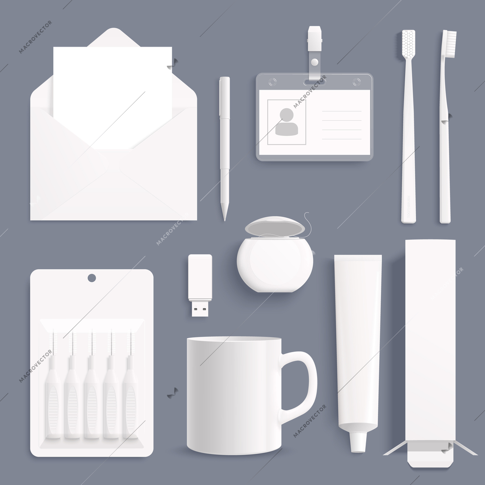 Stomatology corporate identity white mockup with medical and office items on grey background isolated vector illustration