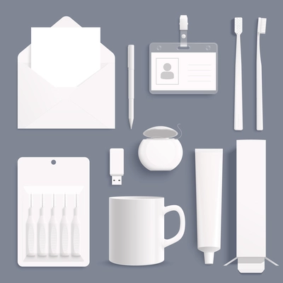 Stomatology corporate identity white mockup with medical and office items on grey background isolated vector illustration