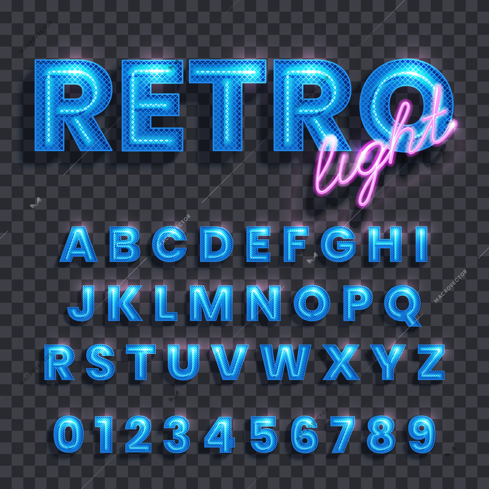 Retro light transparent background with illuminated blue latin alphabet and numbers realistic vector illustration