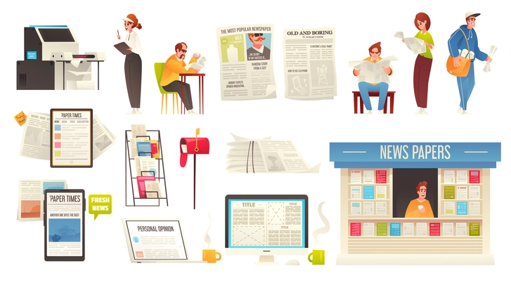 Newspaper cartoon icons set with people reading paper and web news isolated vector illustration