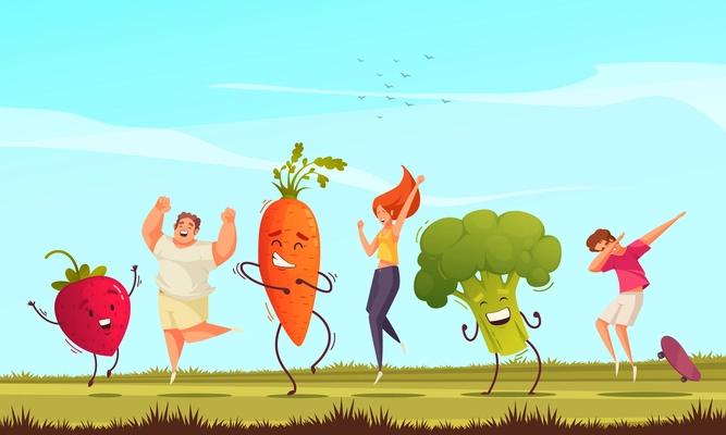 Funny veggies cartoon poster with people and fruits dancing outdoors vector illustration