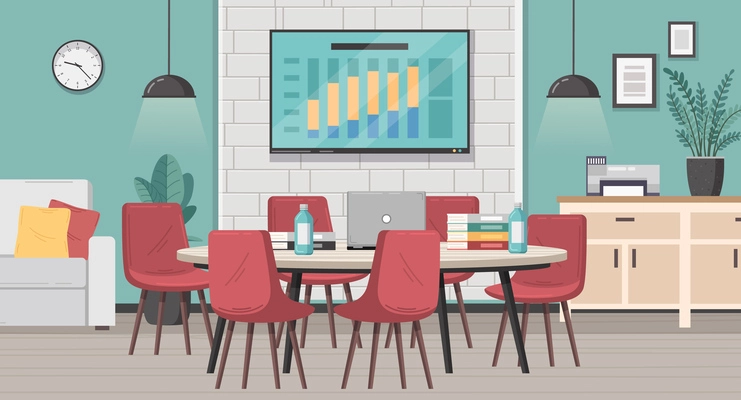 Meeting room interior cartoon with office table and chairs vector illustration