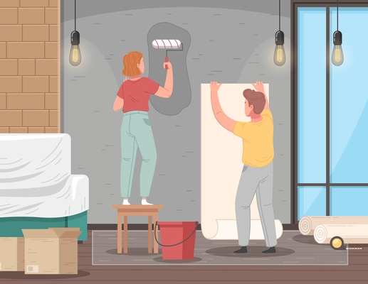 Renovation cartoon concept with man and woman applying wallpapers vector illustration