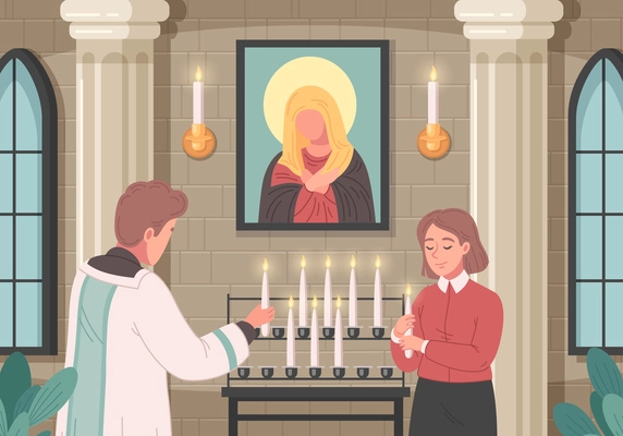 Christian church cartoon with woman holding burning candle on mass service vector illustration