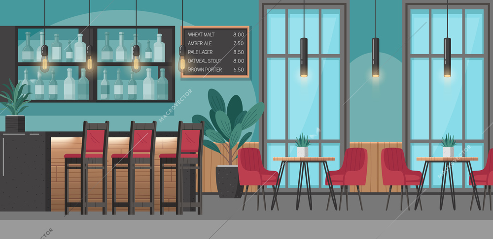 Restaurant interior cartoon concept with bar counter and menu board vector illustration