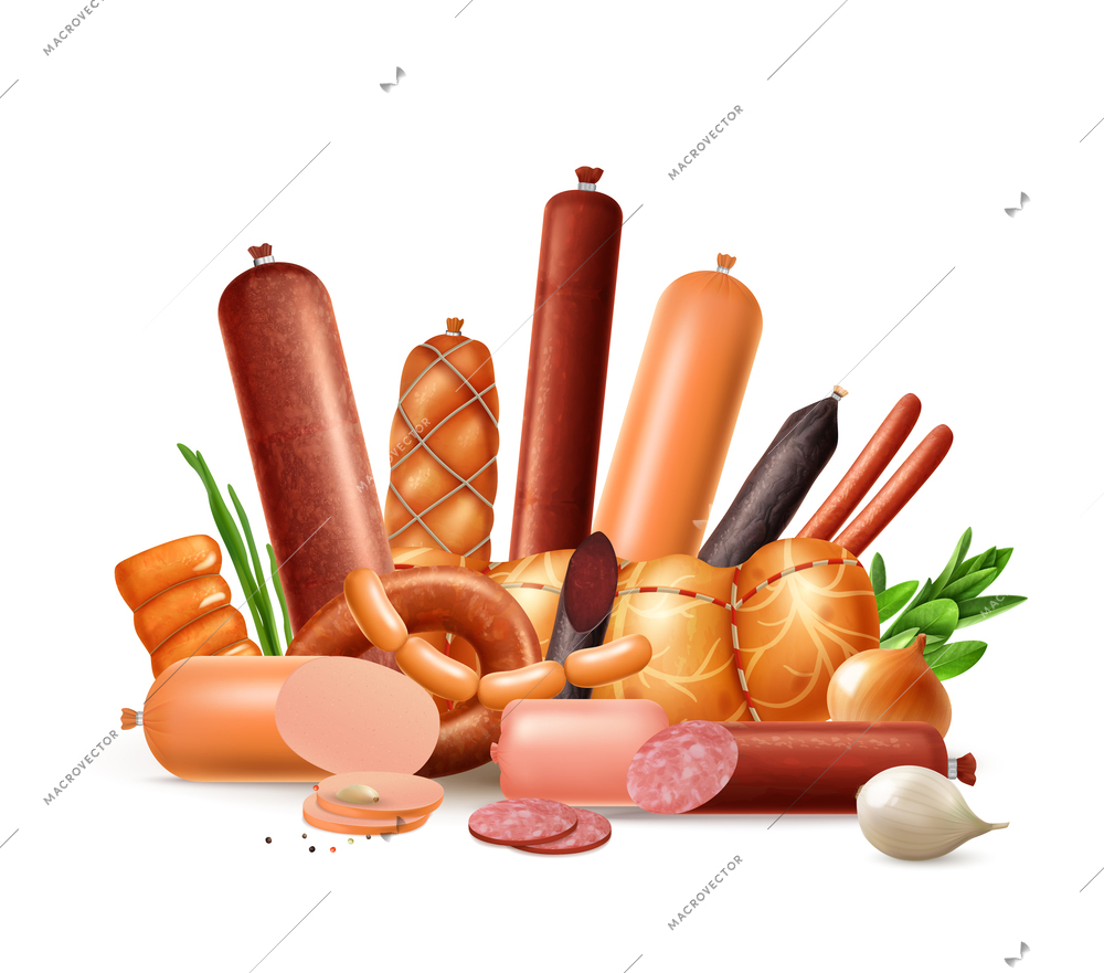 Realistic sausage composition with view of prepared meat products variety with greens spices on blank background vector illustration