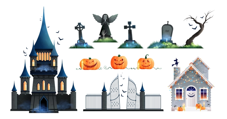 Halloween holiday cartoon elements set of old gothic castle cemetery gates and grave crosses isolated on white background vector illustration