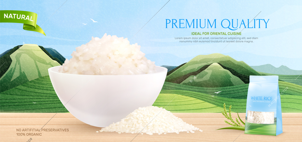 Rice premium quality offering background with advertising of clean organic natural product realistic vector illustration